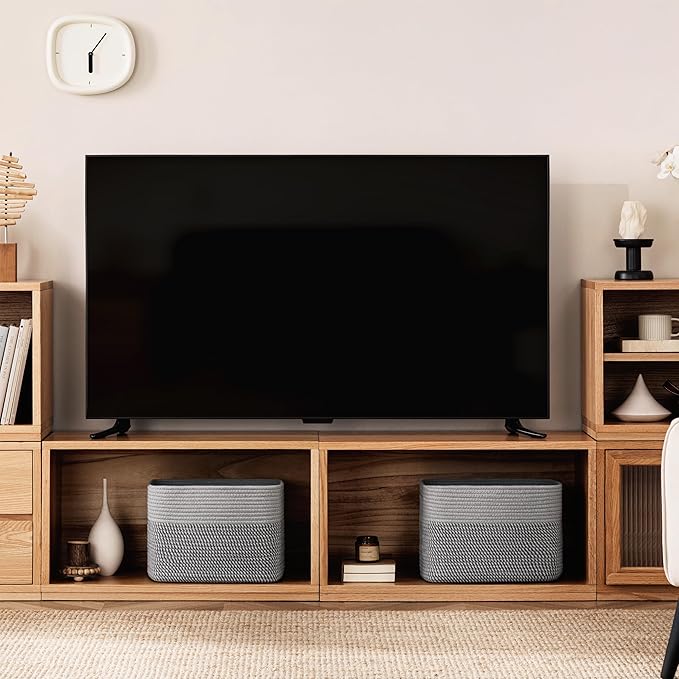 UBBCARE 4 Pack Baskets for Organizing, Woven Storage Baskets for Toys and Towel, Rectangle Cotton Rope Basket with Handles, 15''L x10''W x9''H, Mixed Grey