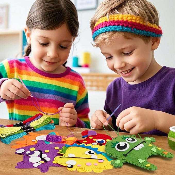 TUZT My First Sewing Kit for Kids - Monster Sewing Craft Kit for Beginners with 12 Pre-Cut Monster Plush Toys, Scissor, Plastic Needles & Thread, DIY Felt Crafts Project for Girls & Boys Ages 4-12