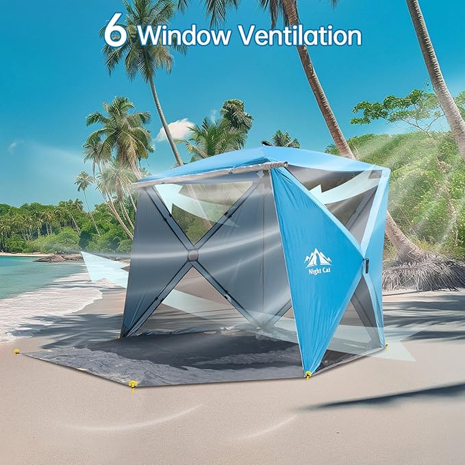Night Cat Pop-up Beach Tent: 3 4 Persons Beach Shelter with Canopy and Footprint, UPF 50+ UV Protection Backyard Camping Outdoor Canopy Poles Not Included