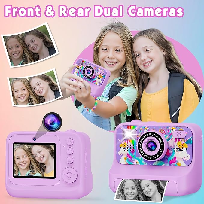 Kids Camera, Upgrade Kids Camera Instant Print, Front Rear Dual Selfie Digital CAM with 1080P Videos, Portable Travel Toy with Games and Music, Christmas Birthday Gift for Boys, Girls and Teens