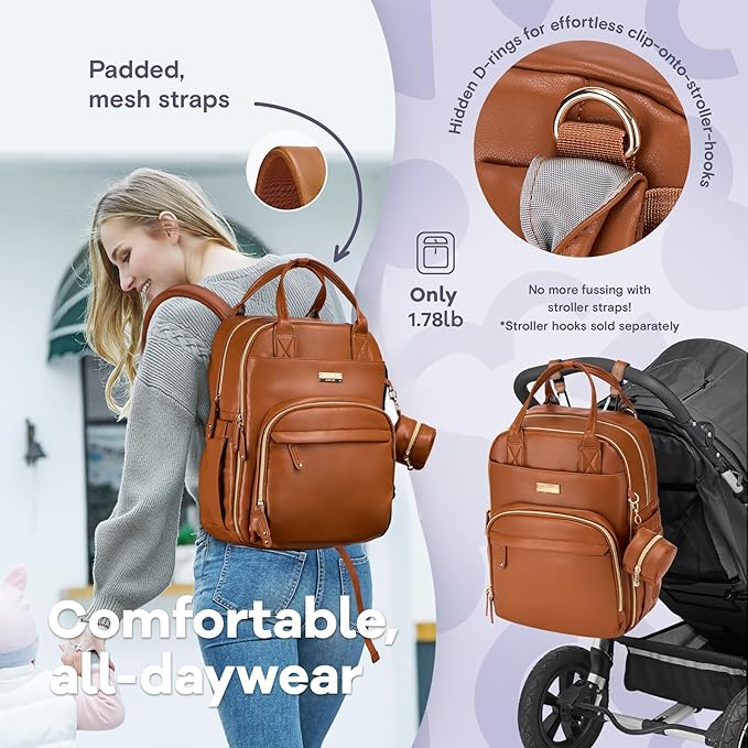 RUVALINO Diaper Bag Backpack, Multifunction Travel Pack Maternity Baby Changing Bags, Large Capacity, Waterproof, Brown