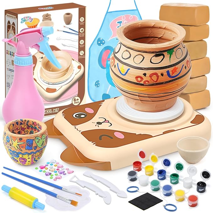 Skirfy Pottery Wheel for Kids Clay Sculpting Tools & Painting Kit,DIY Kits Clay Maker for Beginners with 6 Packs Clays,Birthday Gift Toys for Boys,Art&Crafts Kits for Ages 6-8 8-12