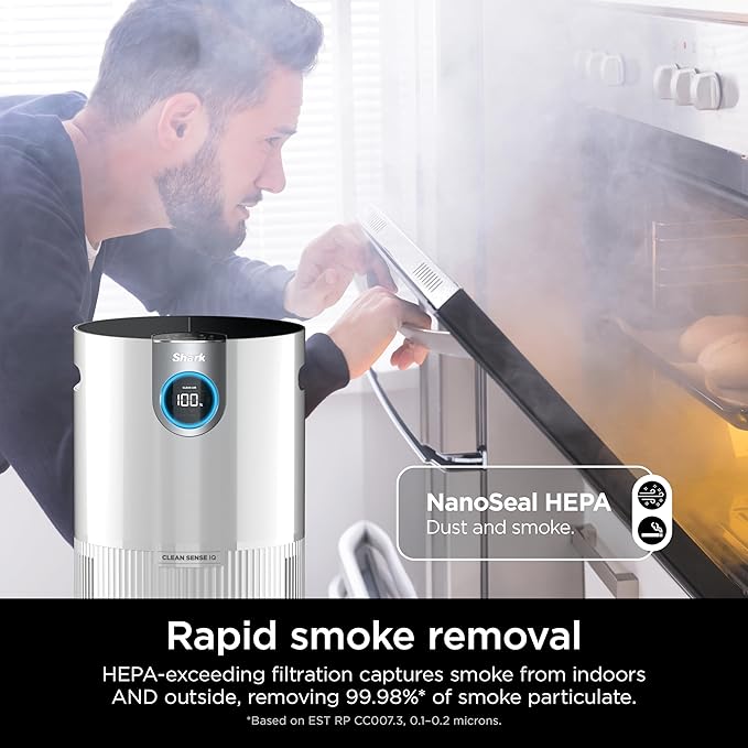 Shark Air Purifier for Home Large Room, Clean Sense Technology, HEPA Air Filter, 1000 Sq Ft, Kitchen, Filters Smoke, Captures 99.98% of Particles, Pet Dander, Pollutants, Dust, Allergens, HP201