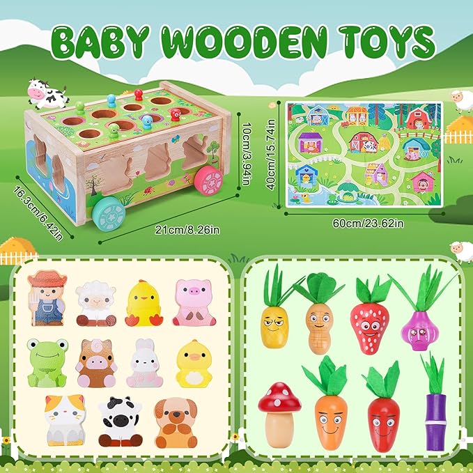 Toddler Montessori Wooden Farm Toys | Babies 12-18 Months Toy with Game Map for 1 2 3 Year Old Boys Girls | 1st First Birthday Gifts for 1-2 Years | Wood Learning Educational Toys Fine Motor Skills