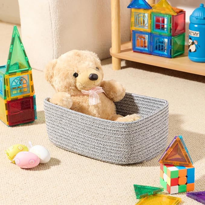 Small Storage Baskets for Organizing | Closet Organizer Bins | Shelf Toy Basket | Woven Rope Baskets | Cube Decorative Box | Shallow Basket | 11.5x7.5x4.7” | 4 Packs Mixed Grey