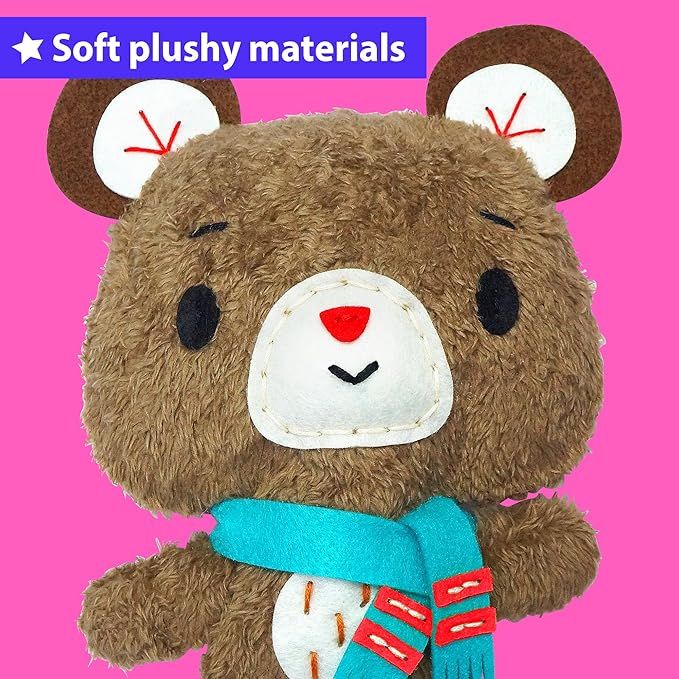 KRAFUN Teddy Bear Animal Sewing Kit for Kids Beginner My First Art & Craft, Includes Teddy Doll Stuffed Doll, Instructions & Plush Felt Materials for Learn to Sew, Embroidery, Age 7 8 9 10 11 12