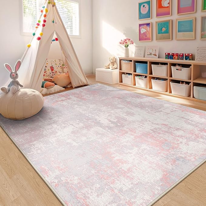 Washable Area Rugs 9'x12' Non-Slip Modern Abstract Soft for Living Room Entryway Bedroom Nursery, Print Pattern, Grey Pink