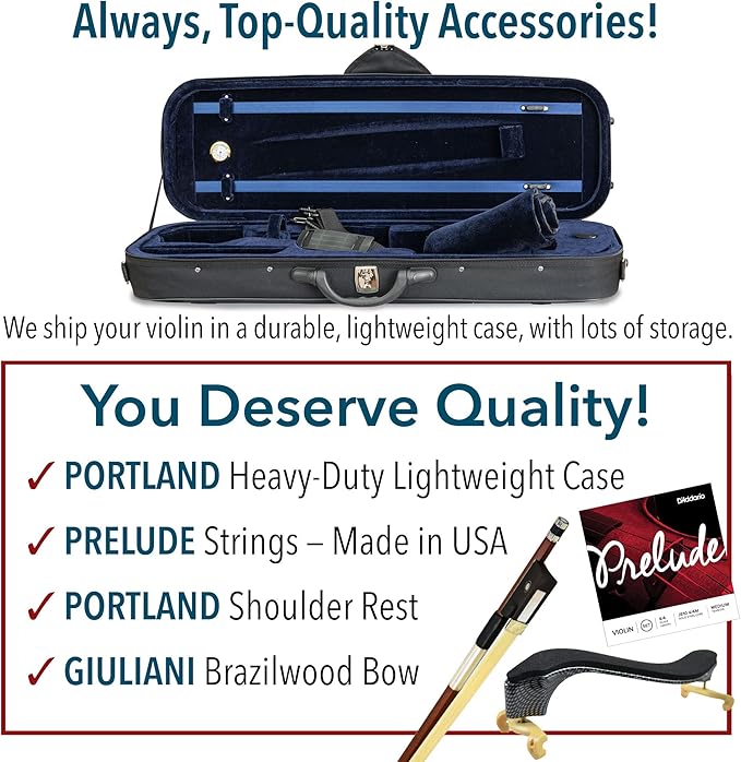 Bunnel Pupil Violin Outfit 1/4 Size Clearance By Kennedy Violins - Carrying Case and Accessories Included - Solid Maple Wood and Ebony Fittings RB300