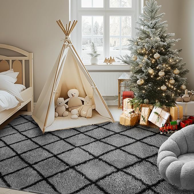 Fluffy Rug for Bedroom, 6X9Feet Stripe Checkered Rug Anti-Skid High Pile for Living Room Bedroom Kids Room Nursery, Dorm Home Decor