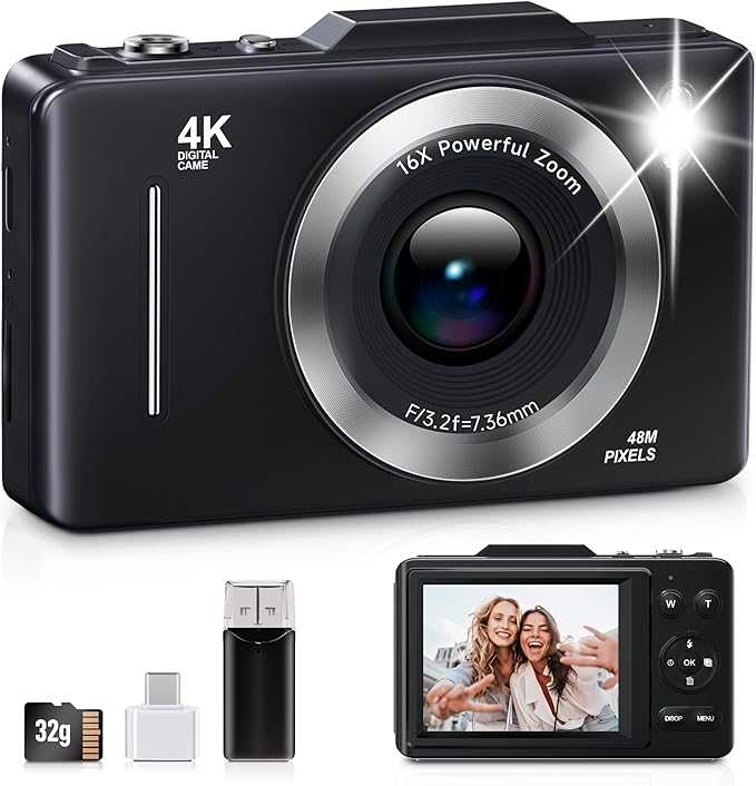 Digital Camera, FHD 1080P Kids Camera Digital with 16x Zoom Anti Shake, 32GB Card, 4K 48MP Portable Compact Point and Shoot Cameras, Vintage Small Camera for Teens Beginner Kids Present