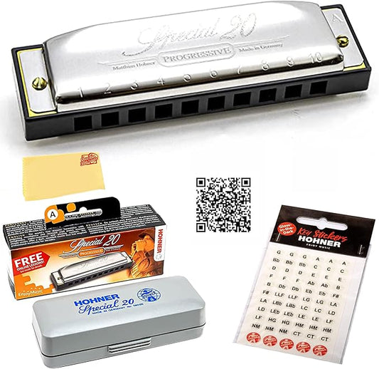 Hohner Special 20 Harmonica - Key of E Flat Bundle with Carrying Case, Key Stickers, Harmonica Beginner Online Manual, and Austin Bazaar Polishing Cloth
