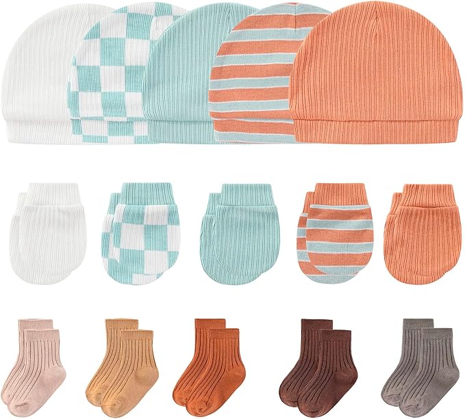Newborn Baby Boy Girl Caps Mittens Socks Set Cotton Baby Essentials Accessories (Hats+Gloves+Socks)