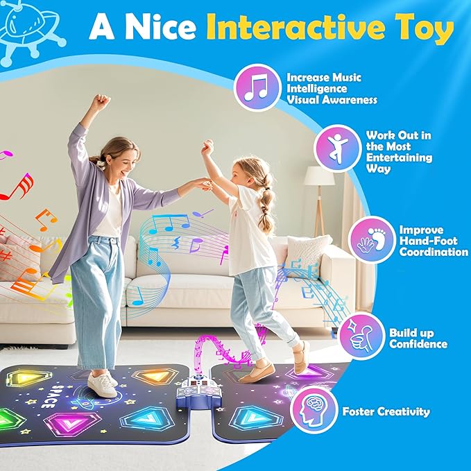 Large Double Electronic Dance Mats, Dance Pad with LED Light & Wireless Bluetooth, Music Dance Toy with 6 Game Modes, Challenge Game for Single & Double Players, Dance Mat Toy for 3-12 Year Old Girls