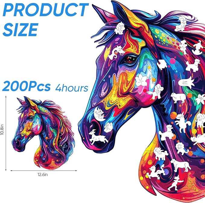 Wooden Puzzles for Adults, Horse Liberty Cool Wooden Jigsaw Puzzles(10.8 * 12.6in-200pcs), Unique Shape Animal Adult Pieces, Irregular Wood Puzzles Best Gift for Adults and Kids Family Game