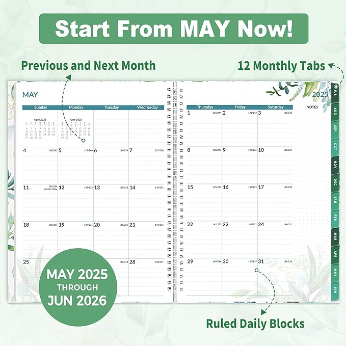 SUNEE Academic Planner 2025-2026 Weekly and Monthly, July 2025-June 2026, 8.5"x11", Tabs, Note Pages, Pockets, Bookmark, Flexible Cover, Spiral Binding, Greenery