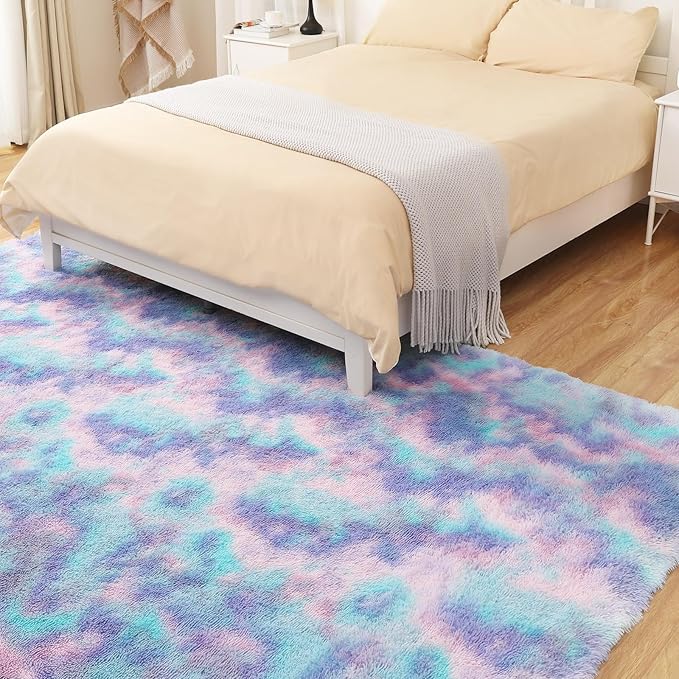 Rainbow Rug for Girls Room, 5x7 Fluffy Area Rugs for Bedroom, Colorful Kids Rug Cute Anti-Skid Indoor Carpet for Nursery, Living Room, Playroom, Home Decor