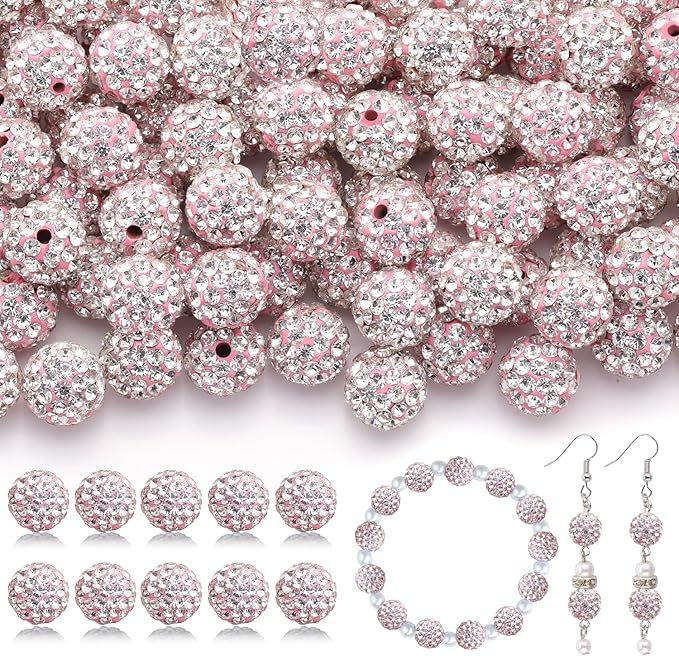 160pcs 10mm Rhinestone Beads for Jewelry Making, Pink White Shiny Round Disco Ball Beads Bulk, Sparkle Crystal Clay Christmas for Bracelet Baseball Necklace Earring Crafting and DIY