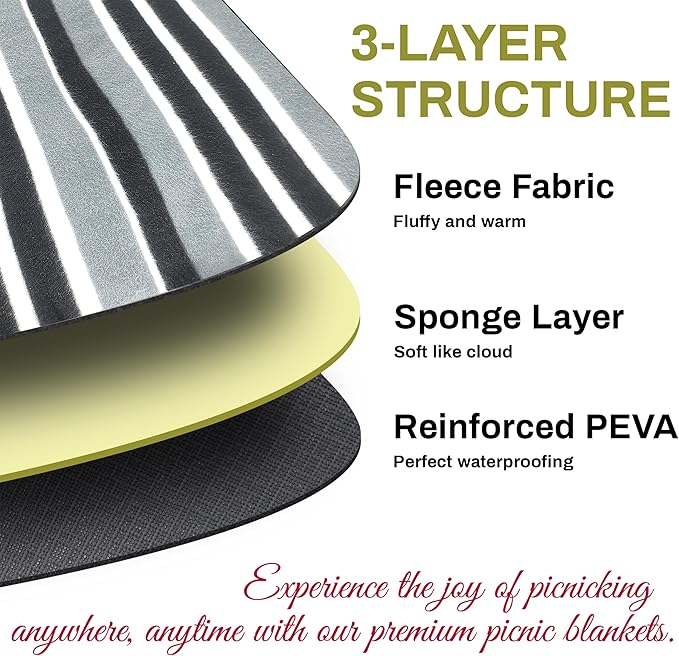 PortableAnd Extra Large Picnic & Outdoor Blanket 3 Layers for Water-Resistant Handy Mat Tote Spring Summer Black and White Striped Great for The Beach,Camping on Grass Waterproof Sandproof