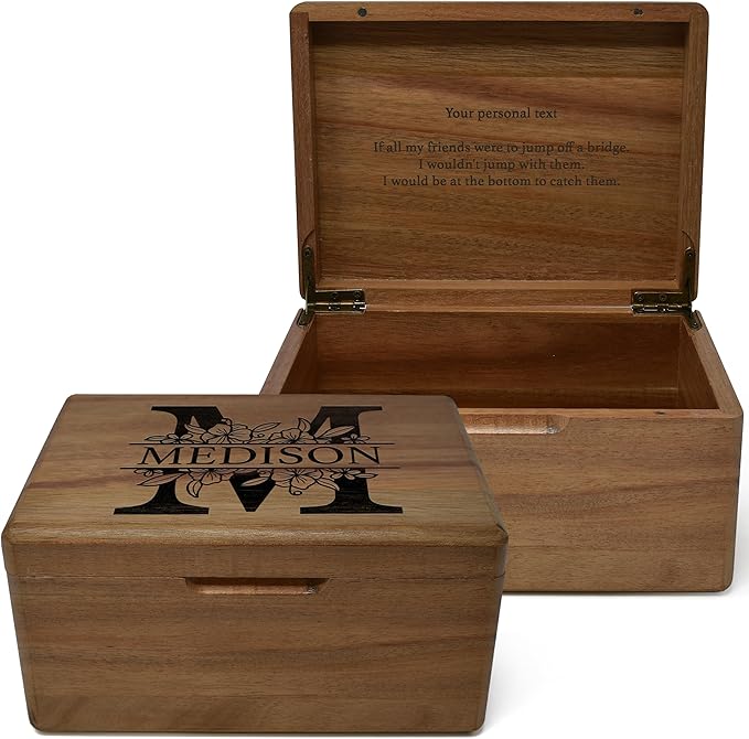 Floral Initial Keepsake Box - Personalized Memory Box for Keepsakes Wedding, Baby Shower - New Born Decorative Storage Chest, Rustic Memorabilia Box for Valentines Day, Monogrammed Gifts, 8x6x4 in