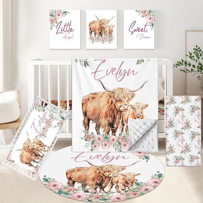 Personalized Nursery Bedding - 5 Pcs Custom Baby Crib Set with Name, Double Layer Crib Bedding for Girls, Cows and Flowers Theme