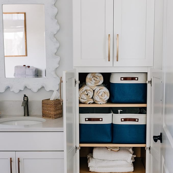 OrganiHaus Large Fabric Storage Bins for Shelves 3 Pack, 15x11in Closet Storage Bins for Shelves, Cloth Baskets & Closet Organizers, Fabric Basket, Navy Blue/White