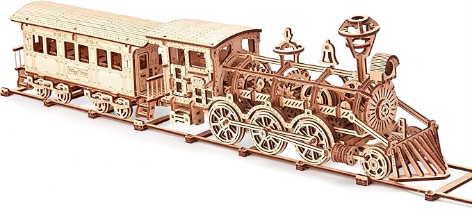 Wood Trick Wooden Toy Train Set with Railway - 34x7″ - Locomotive Train Toy Mechanical Model Kit - 3D Wooden Puzzles for Adults and Kids to Build - Engineering DIY Models for Adults to Build