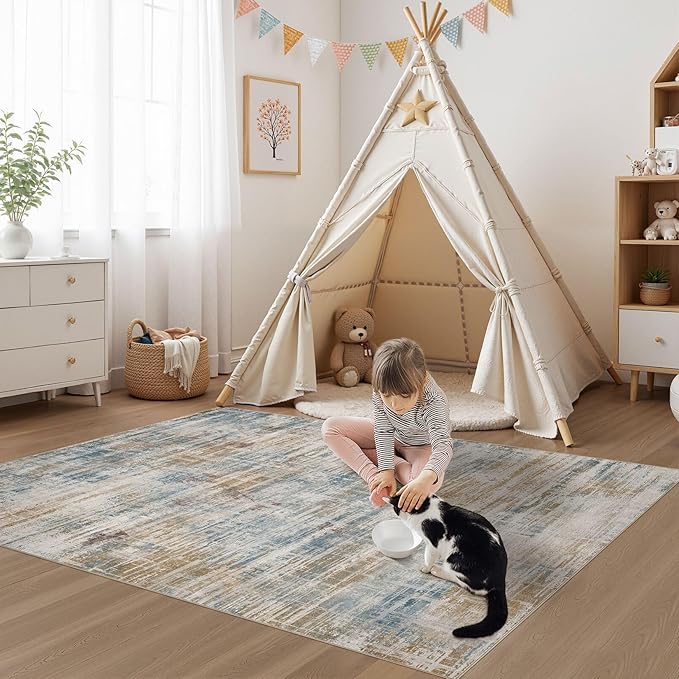 Area Rug for Living Room: 4x6 Washable Neutral Abstract Modern Soft Rugs Non Slip Indoor Floor Stain Resistant Carpet for Bedroom Dining Room Office Nursery - Blue Brown