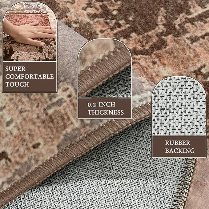 LOCHAS Rug for Living Room, Washable Soft Area Rugs for Bedroom 8x10, Abstract Carpet for Indoor Office Kids Dining Room Nursery Floor, Brown Geometric Vintage Home Decor, Non Slip, Pet Child Friendly