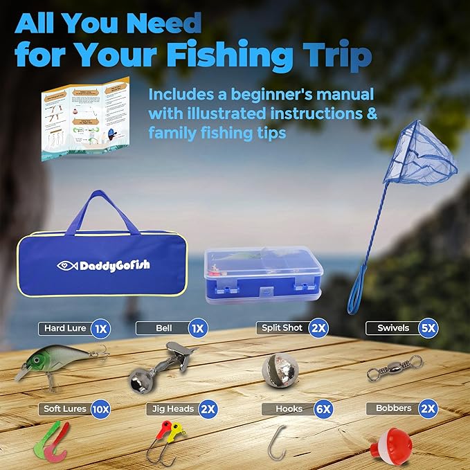 DaddyGoFish Kids Fishing Pole - Rod Reel Combo Tackle Box Starter Set - First Year Small Gear Kit for Boys Girls Toddler Youth Age Beginner Little Children