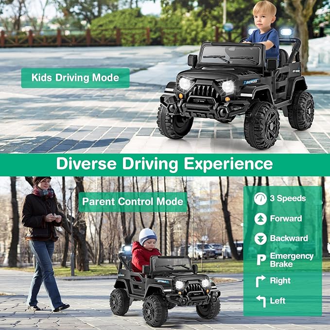 Costzon 12V Kids Ride on Truck Car, Electric Vehicle w/Remote Control, Threaded Wheels, 3 Speeds, LED Lights, Music, Horn & Wireless Connection, Battery Powered Ride on Toy for Boys & Girls 3+ (Black)