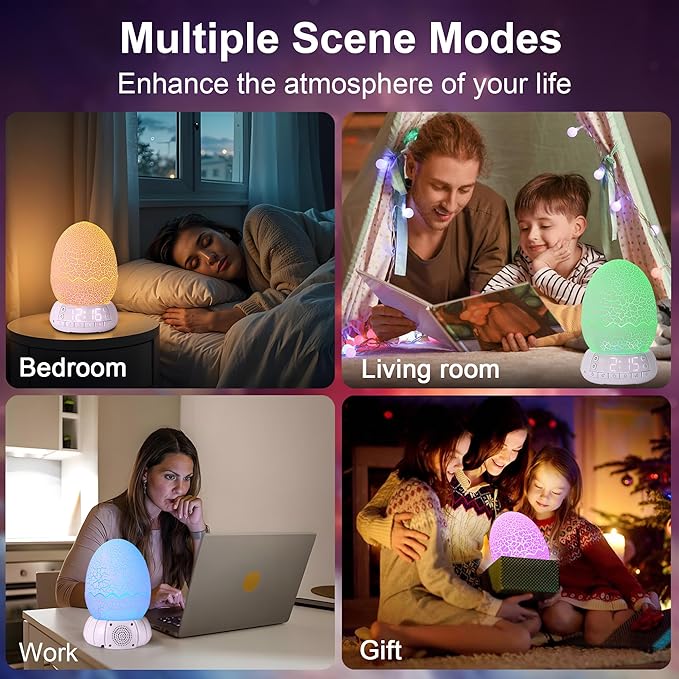 Upgraded Dinosaur Egg Alarm Clock/Digital Clock/Night Light/Music & White Noise Aid Sleep Machine/Bluetooth Speaker, Decor Ideal & Unique Lamp for Bedroom/Living Room, Gifts for Kids