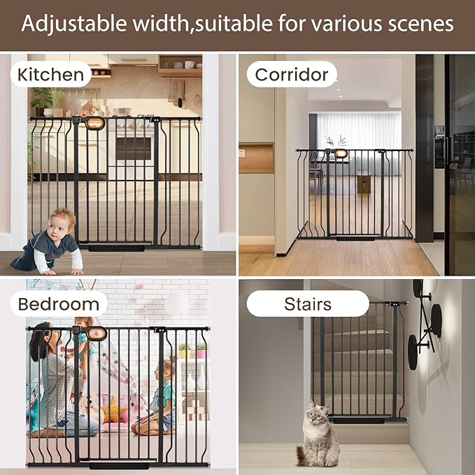 owlie 37.4" Extra Tall Wide Baby Gate for Stairs Doorways,66-75 Inch Extra Large Long Baby Gate with Door Indoor Safety Metal Pressure Mounted Pet Gate with Walk-Thru Auto Close, Black