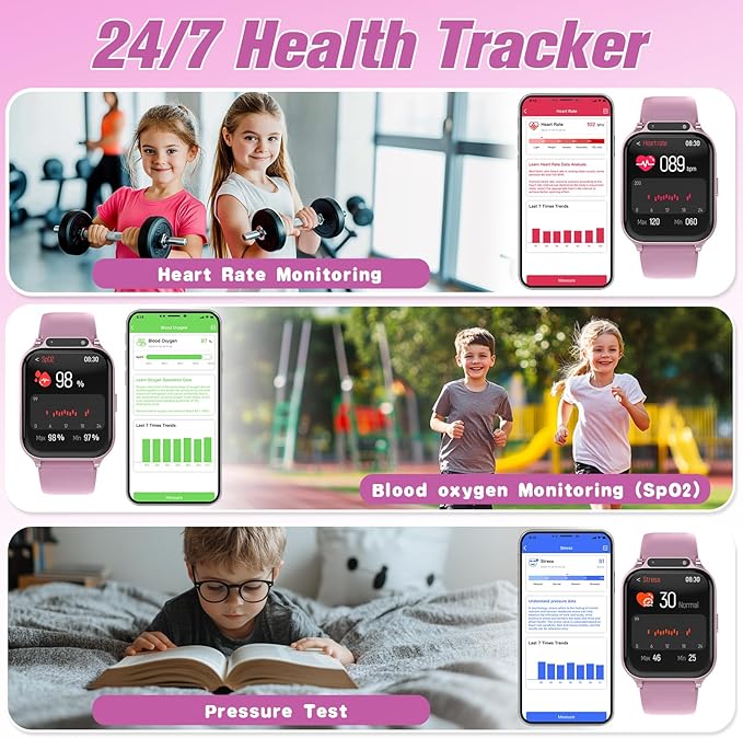Smart Watch for Kids 1.85" with Fitness Tracker, Sleep Monitor, 22/100+ Sport Modes, DIY Dial, IP68 Waterproof, Step Counter, Heart Rate, Camera, with/Without APP, Gift for 3-12 Years Old Girls