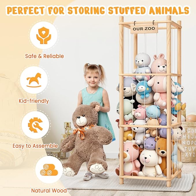 Stuffed Animal Storage & Organizer, Wooden Cute Zoo Toy Holder for Toddler Rooms, Playrooms & Bedrooms