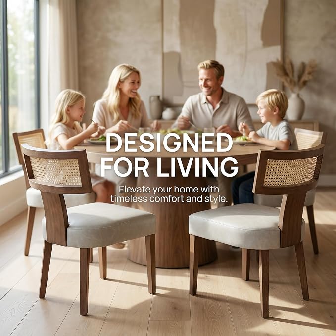HNY Mid Century Modern Rattan Dining Chairs Set of 6, Farmhouse PU Leather - Image 3