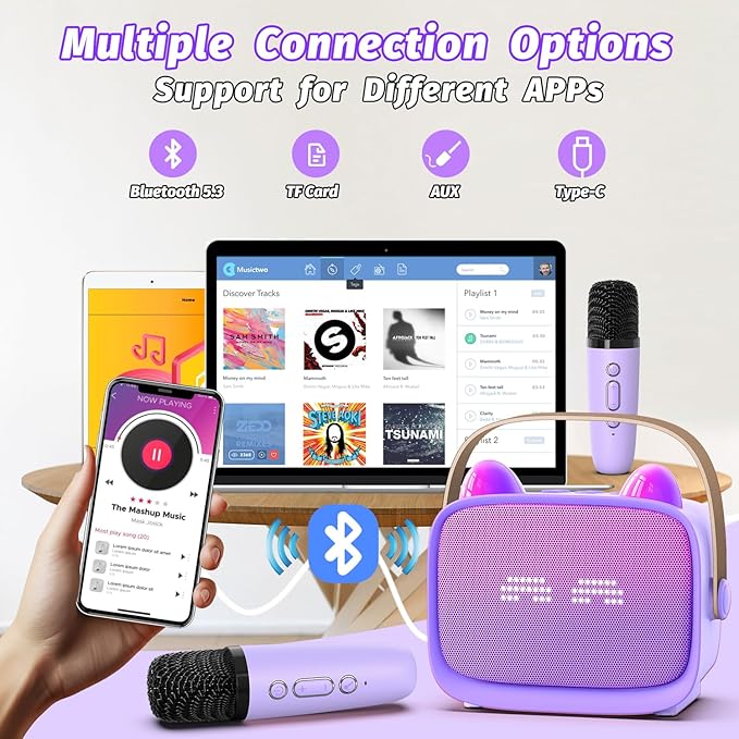 Mini Karaoke Machine Toys Gifts,Kids Portable MP3 Player with 2 Wireless Microphone and LED,Christmas Birthday Gifts for Girls Boys 3 4 5 6 7 8+ Year Old (Purple)