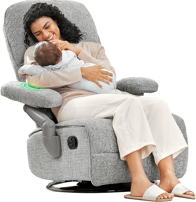 Nursery Swivel Glider Recliner Chair with Adjustable Armrests & Headrest, Rocking Chair Nursery with Removable Cover for Breastfeeding, FSC & Oeko-TEX Certified, Grey