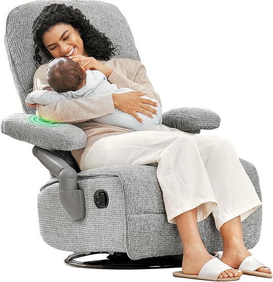 Nursery Swivel Glider Recliner Chair with Adjustable Armrests & Headrest, Rocking Chair Nursery with Removable Cover for Breastfeeding, FSC & Oeko-TEX Certified, Grey