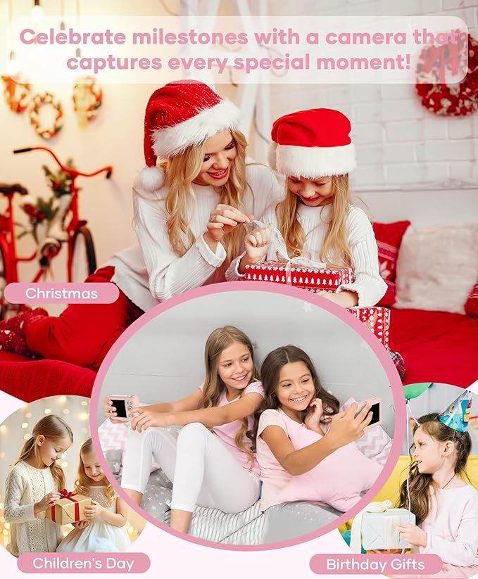 WONNIE Digital Camera 56MP, FHD 1080P Point & Shoot Camera with 32GB SD Card, 2 Batteries, and Lanyard, Ideal for Kids & Teens, Suitable Gift for Girls Pink, 3-Pack