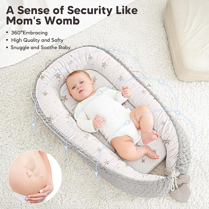 Baby Lounger - Infant Lounger Pillow for Newborn 0-24 Months, Soft, Breathable & Portable Baby Lounger Pillow for Boys & Girls, Cozy Baby Floor Seat for Home & Travel (Beige Star)