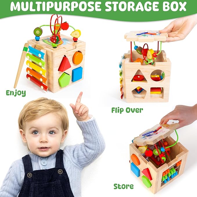 Batlofty Wooden Activity Cube, 8-in-1 Montessori Toys for 1 2 Year Old Girl Boy Toddler| Sensory Educational Learning Toys 12-18 Months | 1st Birthday Gifts, Bead Maze | Bonus Sorting & Stacking Board