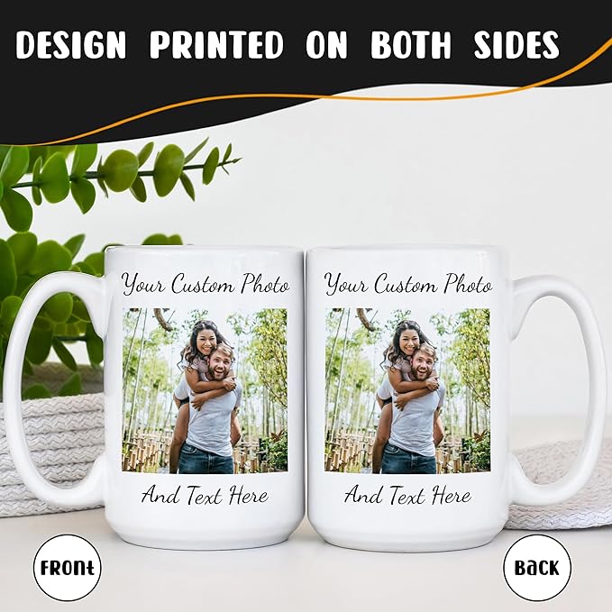 Personalized Coffee Mug 15 Oz, Custom Picture Text or Logo Ceramic Mug, Customized Gift for Men & Women, Taza Personalizada with Photo and Words, Customizable Large Tea Cup | White