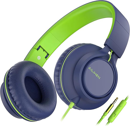 AILIHEN C8 Headphones Wired, On-Ear Headphones with Microphone and Volume Control, Corded 3.5mm Headset for Boys Girl School Smartphones Chromebook Laptop Computer Tablets Airplane Travel (Blue Green)