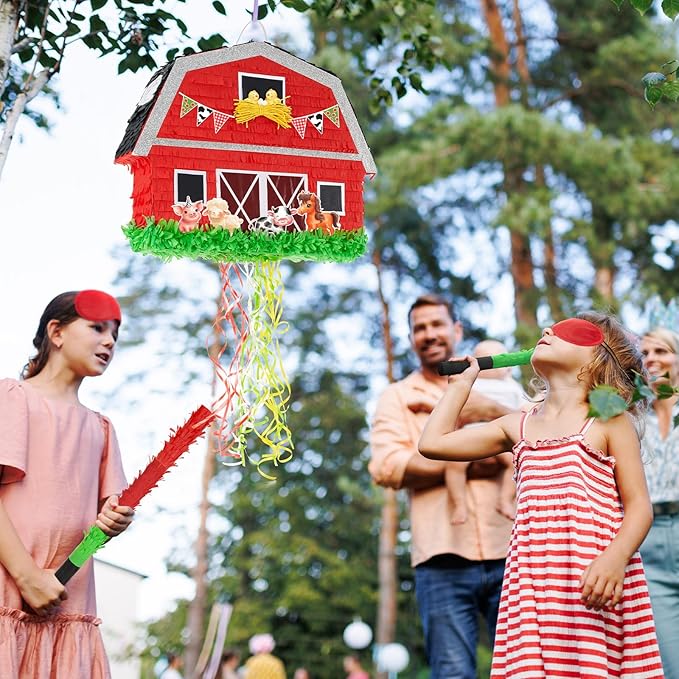 WERNNSAI Red Farm Animal Piñata - Farm Baby Shower Decorations Animal Pinata Party Game for Kids Birthday Celebrations Milk Farm Party Favor Supply with Bat Blindfold