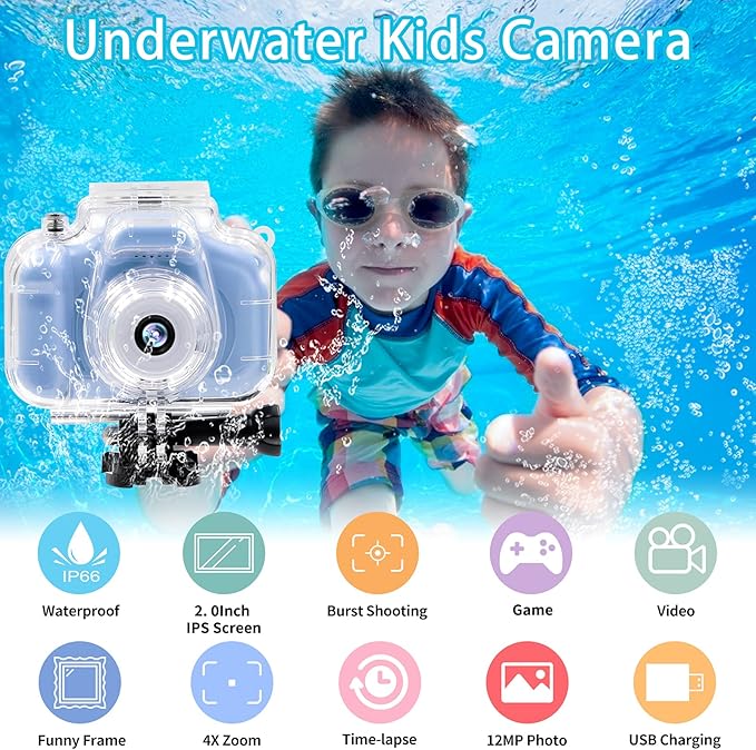 Kids Camera Waterproof Underwater Camera for 3-12 Year Old Boys Girls 2 Inch IPS Screen 1080P HD Digital Kids Video Camera Indoor Outdoor Action Cameras Best Christmas Birthday Gifts