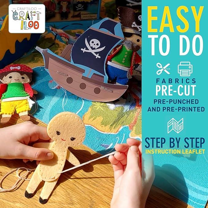CRAFTILOO Pirates Pre-Cut Fun Kids Sewing Kit for Kids Ages 8-12 Children Beginners Sewing kit Kid Crafts Make Your Own Felt Pillow Plush Craft Kit Girls and Boys Art Craft Kits Learn to Sew Kit
