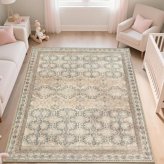 Large 8x10 Washable Area Rug for Living Room, No Shedding Vintage Floral Print Rugs Non Slip, Indoor Foldable Thin Retro Accent Carpet for Bedroom Farmhouse Dining Room Beige/Pink/Orange