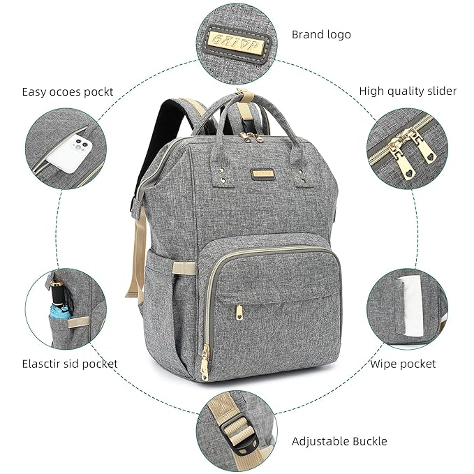 Diaper Bag Backpack, Diaper Bags for Baby Girls Boys, Baby Bags for Moms Dads, Nappy Changing Bag with Insulated Pockets,Multi-functional Waterproof Backpack with Stroller straps - Grey