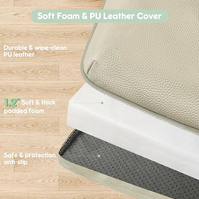 Padded Baby Play Mat, Super Soft Vegan Leather Baby Floor Play Mat, 48x48 Non-Slip Thick Foam Cushioned Play Mat for Babies 6-12 Months, Fits Nicely Into 50x50 Playpen Mat, Grayish Green