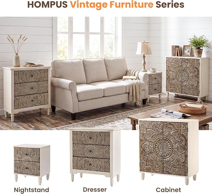 HOMPUS White 3 Drawer Dresser Set 2, Bedside Table Set of 2 - Image 7